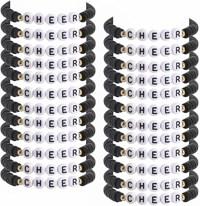 24 Pcs Cheerleader Gifts for Girls Handmade Friendship Bracelets for Teen Girls Stretch Cheer Bracelets Y2k Cheer Stuff Stackable Clay Bead Bracelets Bulk Teens Birthday Christmas Party Favors