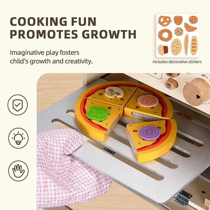 Wooden Kids Oven, Pretend Play Oven for Toddlers with DIY Stickers, Kitchen Play Set Accessories with Push-Pull Baking Tray. Ideal Choice for Boys and Girls Aged 3+