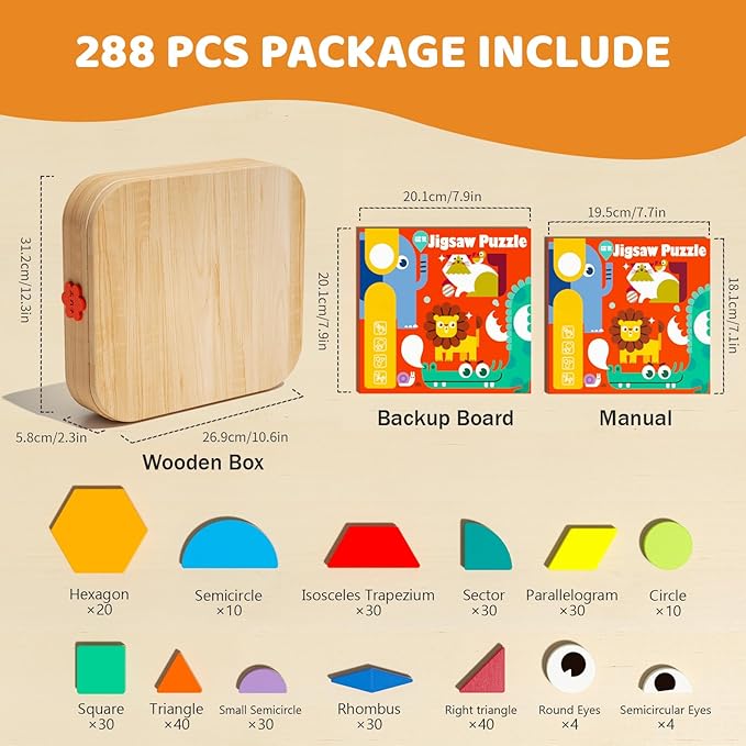 Wooden Magnetic Pattern Blocks with Cards, 288 PCS Montessori Tangram Puzzle Learning Toys for Toddlers 3-5, Educational STEM Gift for Kids Boys Girls 3 4 5 6