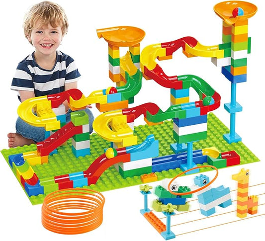 2-in-1 Kids Toys for 2 3 4 5 6 7 + Year Old Boys Girls Toddlers Upgrade Classic Big Bricks Marble Run Building Blocks, Toss Ring Games Compatible with All Major Brands for Christmas Birthday