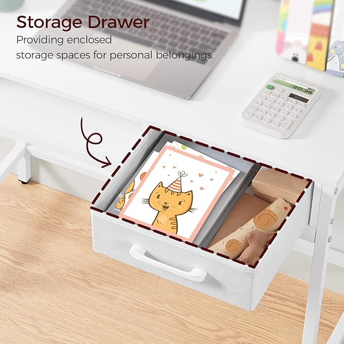 Kids Desk and Chair Set, Student Writing Desk, Kids Study Desk with Book Sorter and Fabric Drawer, Kids Wooden Study Table, for Study, Kids Room, Bedroom, White KDBW11901N1