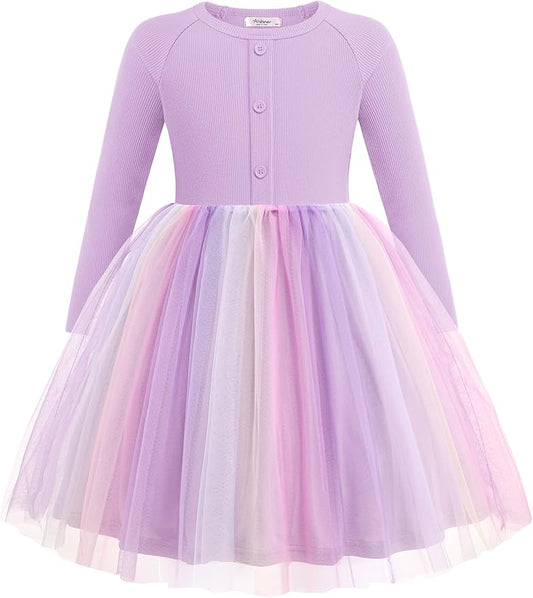 Arshiner Toddler Girls Tutu Dress Long Sleeve Fall Winter Button Front Party Tulle Dresses 2-8Y