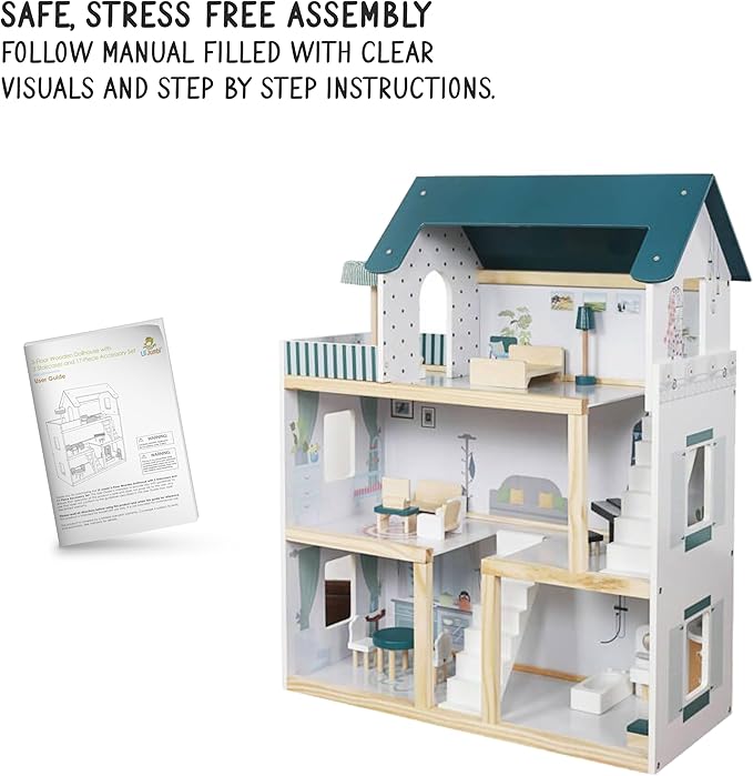 Lil' Jumbl Kids Wooden Dollhouse, 17-Piece Accessories & Furniture are Included, with Balcony & Stairs, 3 Story Easy to Assemble Doll House Toy - Green