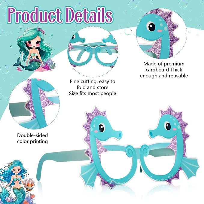 32 Pcs Mermaid Party Decorations Mermaid Paper Glasses Frame Under the Sea Photo Booth Props Mermaid Eyeglasses for Girls Summer Beach Theme Birthday Party Baby Shower Favors Supplies