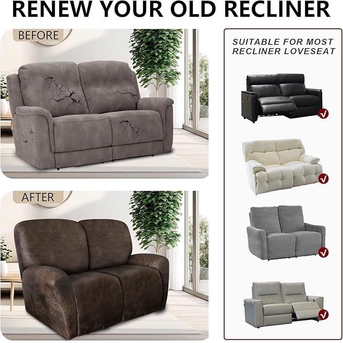 Leather Look Loveseat Recliner Covers Stay in Place 6-Piece Recliner Sofa Slipcover 2 Seater Reclining Couch Cover Furniture Protector Spandex Fabric Washable (Recliner Loveseat, Brown)