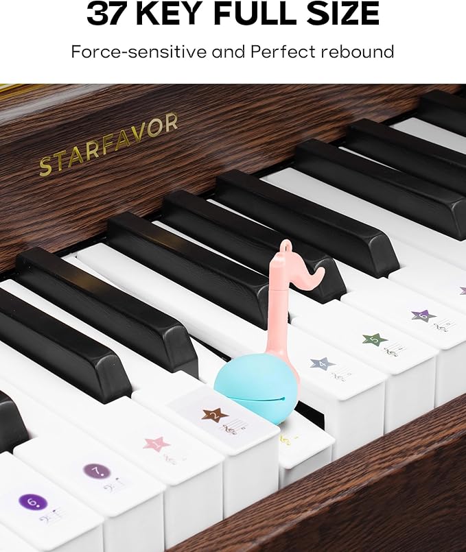 Starfavor Kids Keyboard, 37 Keys Digital Piano with Volume Control, Rechargeable Music Educational Instrument Toy, Wood Piano for 3+ Girls, Boys, Beginner, Toddler