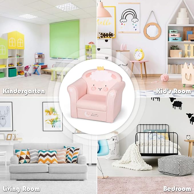 Costzon Kids Couch, Children's Sofa Armrest Chair with Pattern, Toddler Furniture w/Sturdy Wood Construction, Preschool, Lightweight Kids Couch Sofa Chair for Aged 1-5 Boys & Girls Gifts, Lamb