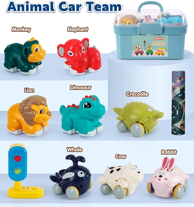 Animal Car Toys for 1 Year Old Boy Gifts: Mini Trucks with Playmat/Storage Box for Toddler Age 1-2, 1st One First Christmas Birthday Gift for Infant Baby 12-18 Months