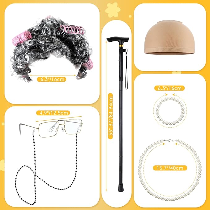 9 Pcs 100 Days of School Costume for Girls Old Lady Costume for Kids Grandma Wig Dress up Cosplay Accessories