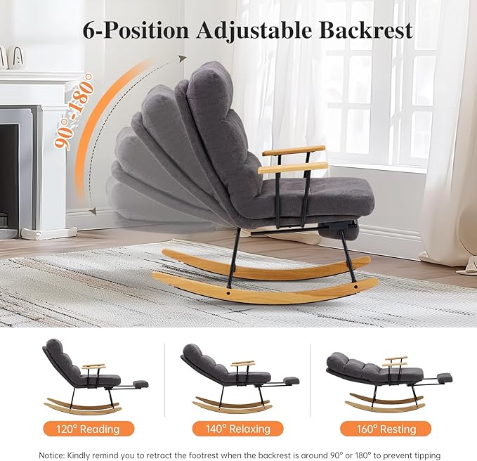 Rocking Chair with Footrest-Glider Rocker Chair with Retractable Footrest and Adjustable Backrest, Teddy Upholstered Rocking Chair, Modern Accent Chair for Living Room/Nursery/Bedroom/Outdoor-Grey