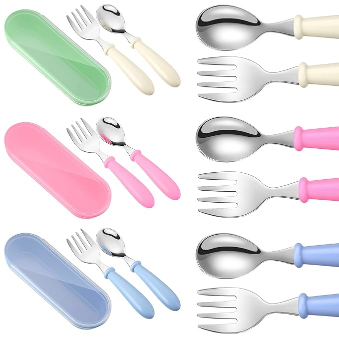 9 Pieces Toddler Utensils Stainless Steel Fork and Spoon Safe Baby Silverware Set, Kid Safe Utensils Children's Flatware Kids Cutlery Set with Round Handle for LunchBox (White, Rose Red, Blue)
