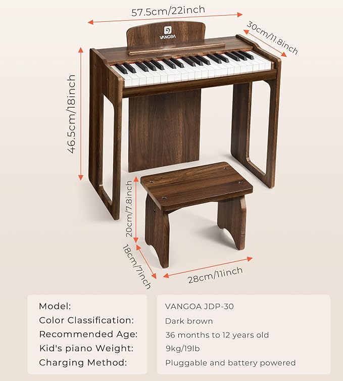 Vangoa Kids Piano Keyboard, 37 Keys Digital Piano for Kids, Music Educational Instrument Toy, Wood Piano for Girls and Boys, Dark Brown