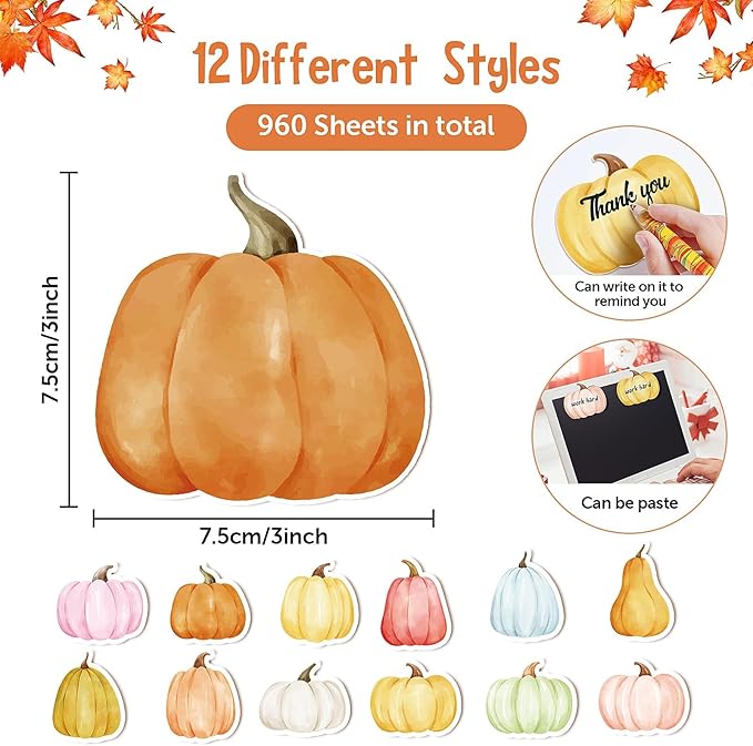 48Pcs Fall Boho Pumpkin Sticky Note Colorful Watercolor Pumpkin Shaped Self-Adhesive Removable Work-Study Memo Note for School Office Supplies Student and Teacher Gift 12 Style Total 20 Sheet Each