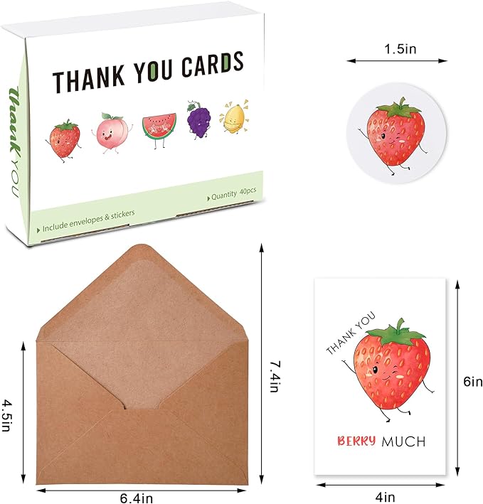 40 Funny Thank You Cards with Envelopes & Stickers, 4×6 in Cute Pun Cards Assorted Blank Greeting Cards, Boxed Bulk Note Cards for Friends Teachers Business Coworker Employee Appreciation