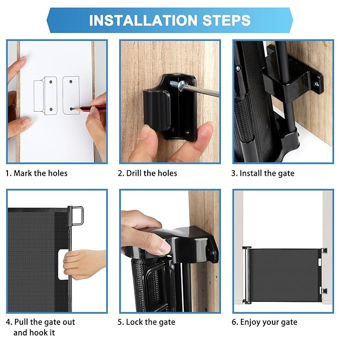 56 Inch Retractable Baby Gates for Doorways Retractable Dog Gate Outdoor Gates for Decks Indoor Long Baby Gate Retractable Pet Gate Mesh Gates for Kids or Pets Child Gate for Stairs, Porches, Black
