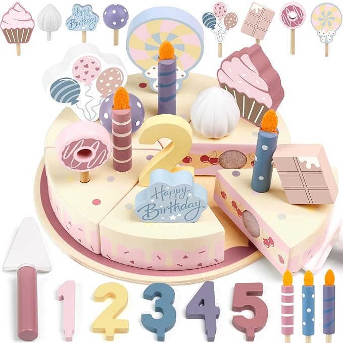 Wooden Birthday Party Cake Play Food Sets for Kids Kitchen Accessories Pretend Toy Fake Toddlers Party Gift Boys Girls Educational Toys