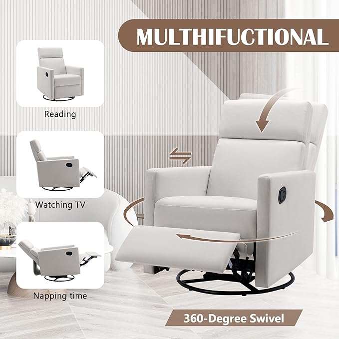 Modern Mid Century Upholstered Recliner Chair with Thick Seat Cushion and Backrest Wood Accent Armchair for Living Room, Bedroom, Home Office Beige