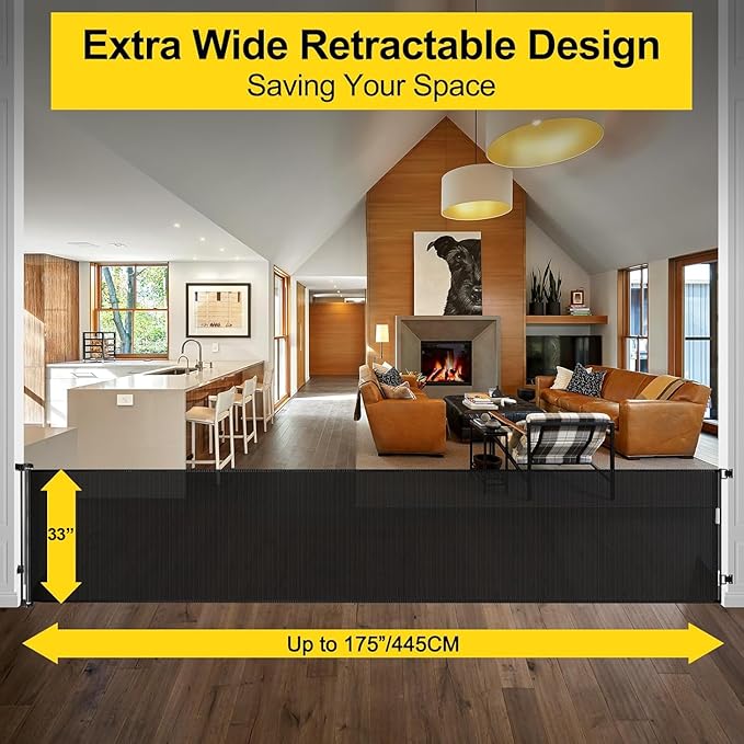 175 Inch Extra Wide Retractable Baby Gates for Large Openings, Extra Long Retractable Dog Gate for Doorways 33" Tall Mesh Pet Gate for Long Openings Extra Large Baby Gate for Indoor Outdoor (Black)