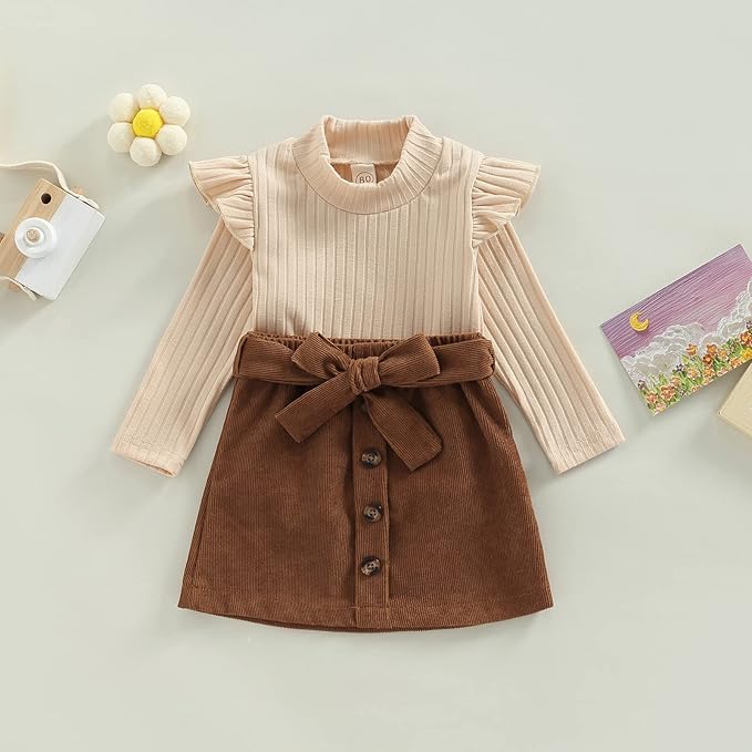 Fernvia Toddler Baby Girl Fall Winter Skirt Set Turtleneck Ribbed Long Sleeve T-Shirt Top & Plaid Skirts Dress 2Pcs Outfits