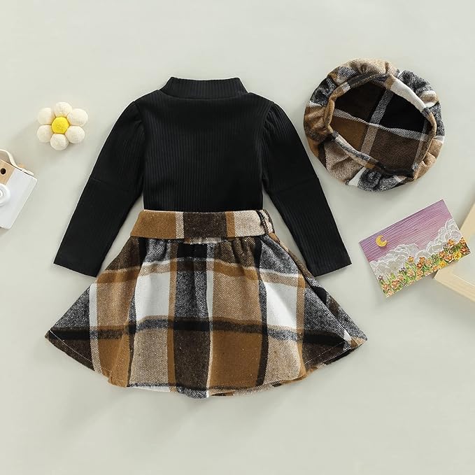 Fernvia Toddler Baby Girl Fall Winter Skirt Set Turtleneck Ribbed Long Sleeve T-Shirt Top & Plaid Skirts Dress 2Pcs Outfits