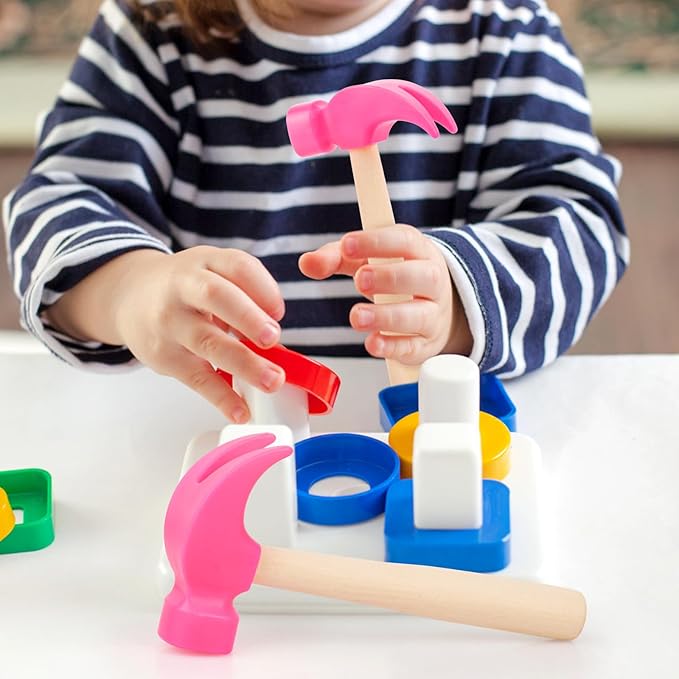 2 Pack Wooden Hammer Toys Simulation Hammers Maintenance Tools Educational Toys for Kids Birthday Party Games Supplies (Rose Red)