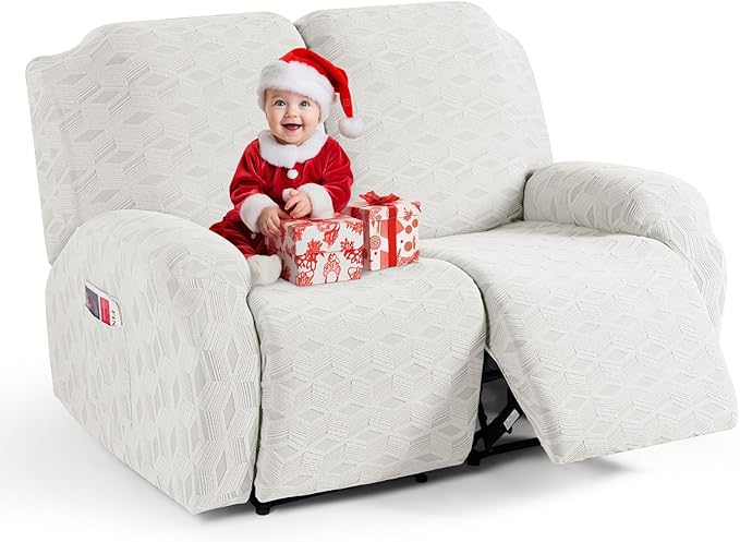 TAOCOCO Recliner Loveseat Cover, Stretch Jacquard Reclining Loveseat Cover Furniture Protector Sofa Slipcovers 2 Seat Recliner Covers with Elastic Bottom for Kids, Pets(Cream White)