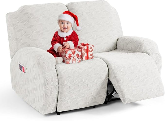 TAOCOCO Recliner Loveseat Cover, Stretch Jacquard Reclining Loveseat Cover Furniture Protector Sofa Slipcovers 2 Seat Recliner Covers with Elastic Bottom for Kids, Pets(Cream White)