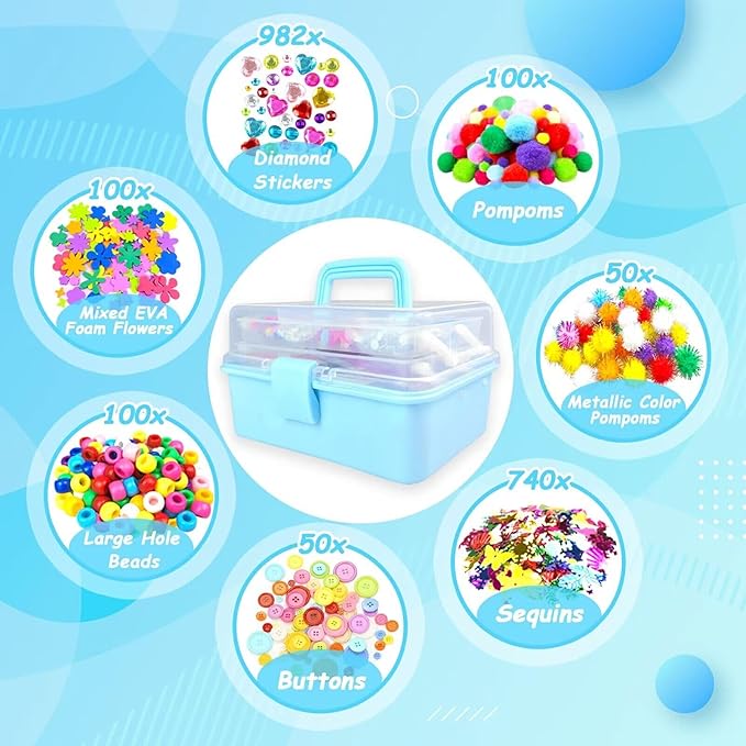 3000 Arts and Crafts Supplies for Kids Craft Kit All in 3 Layered Craft Box with Pipe Cleaners Crafts for Kids Age 4-6, 6-8, 8-12 DIY School Supplies Materials Set Toys Gifts for Girls Boys, Blue