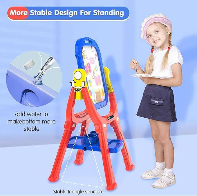 Victostar Easel for Kids, Rotatable Double Sided Adjustable Standing Art Easel with Drawing & Writing Accessories for Kids Boys and Girls (Red Blue)