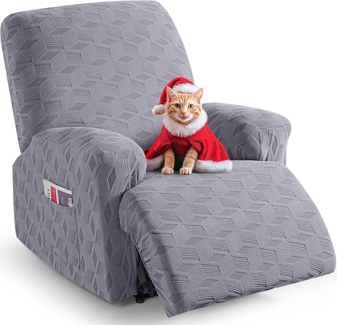 TAOCOCO Recliner Cover 3 Pieces Recliner Chair Covers, Stretch Jacquard Reclining Chair Cover, Furniture Protector Sofa Slipcovers Couch Covers with Elastic Bottom for Kids, Pets (Light Grey)