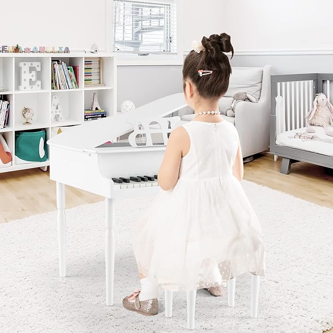 HONEY JOY Classical Kids Piano, 30-Key Mini Grand Piano with Music Stand and Bench, Wooden Musical Instrument Toy w/Lid & Music Rack, Gift for Boys Girls Ages 3+ (4 Straight Leg-White)
