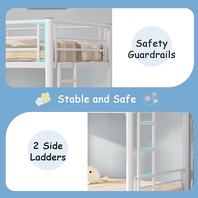 VECELO Twin Over Twin Bunk Bed with Built-in Ladder and Safety Guardrail, Heavy Duty Metal Bunkbeds, Space Saving, No Box Spring, White