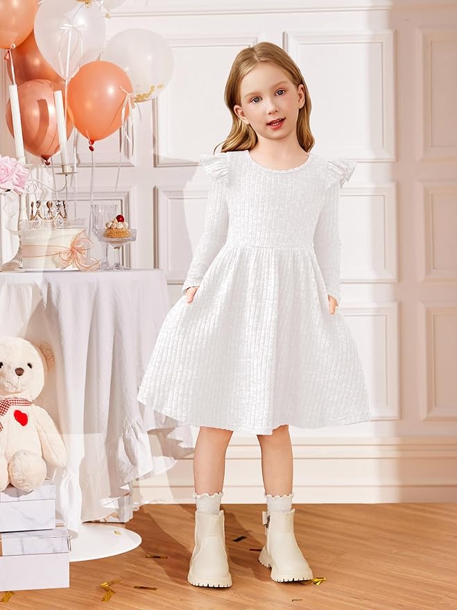 Arshiner Toddler Girl Dress Baby Girls Knitted Ruffle Sleeve Pocket Dresses A-Line Flared Fall Winter Clothes for 2-8 Years