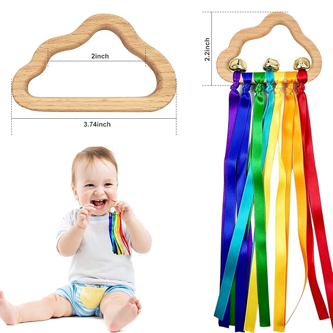 2pcs Baby Natural Wood Bracelet with Bell Rainbow Ribbon Sensory Toy- The Best Sensory Toys for Audiovisual and Motor Development, Encourages Parent-Child Interaction, for Babies Aged 3-24 Months
