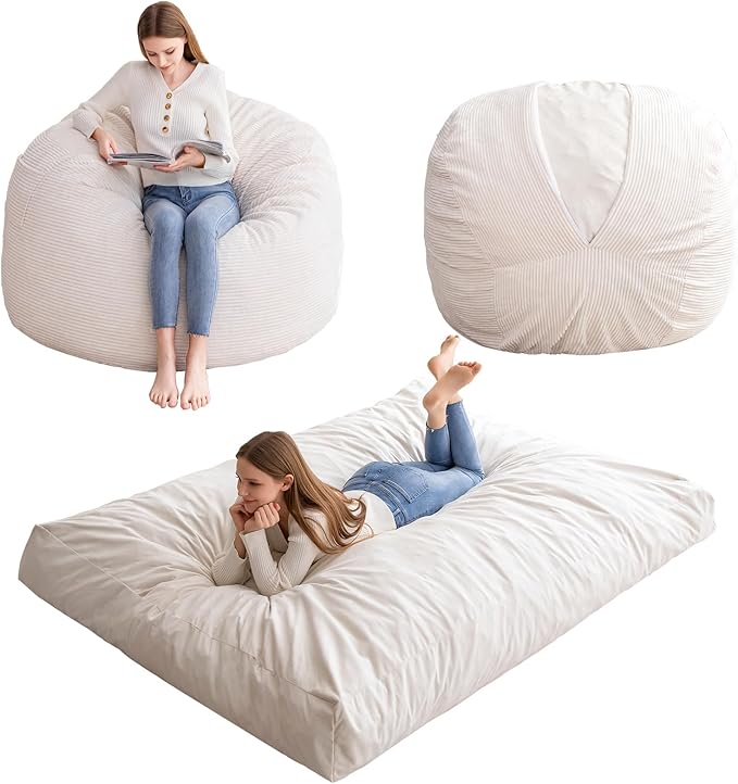 HIGOGOGO Giant Bean Bag Chair Bed for Adults,Convertible Beanbag Folds from Lazy Chair to Floor Mattress Bed,Large Floor Sofa Couch for Adult,Couples,Family,High-Density Foam Filling, Machine Washable