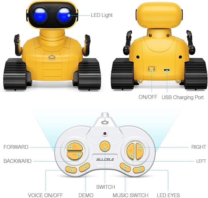 ALLCELE Robot Toys, Rechargeable RC Robots for Kids Boys, Remote Control Toy with Music and LED Eyes, Gift for Children Age 3 Years and Up - Yellow