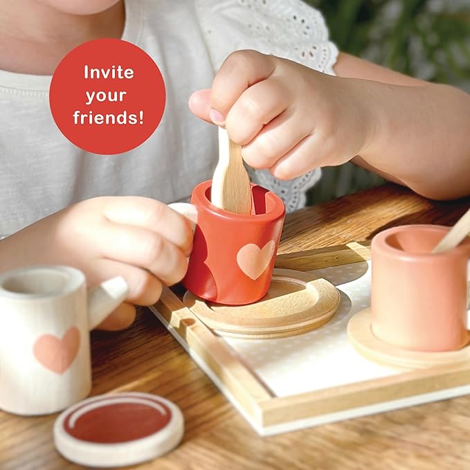 Mentari Toys - Tea Time Tray Set - Wooden Pink Teapot, Cups and Trays for Pretend Afternoon Tea Party - Social, Creative, and Imaginative Development - Learning Role Play - Age 3+