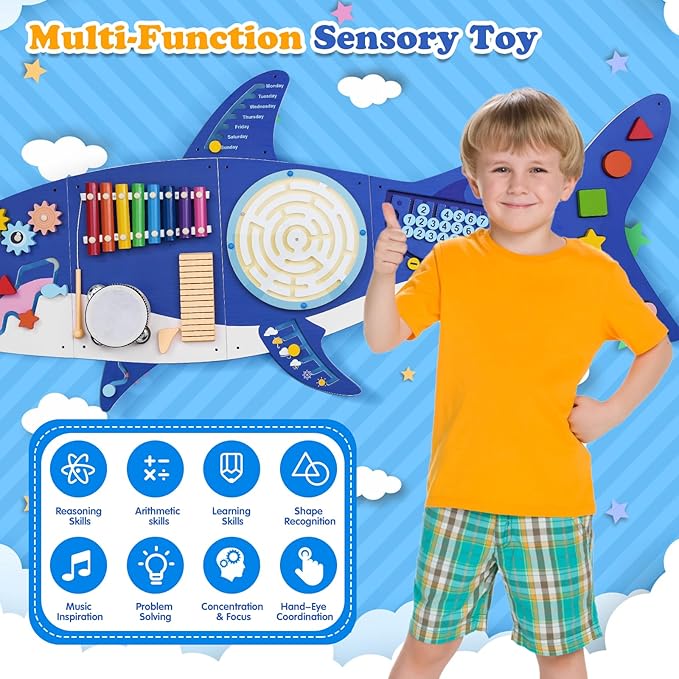 Weihnacht Shark Activity Wall Busy Board Panels,11-in-1 Montessori Sensory Toys, Toddler Learning Activity Center,Wooden Learning Toy Ideal Furniture for Playroom & Children's Daycare