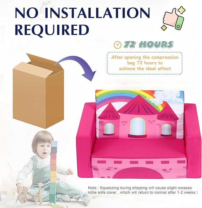 MallBest Kids Sofas Children's Sofa Bed Baby's Upholstered Couch Sleepover Chair Flipout Open Recliner(Rose red/Castle)