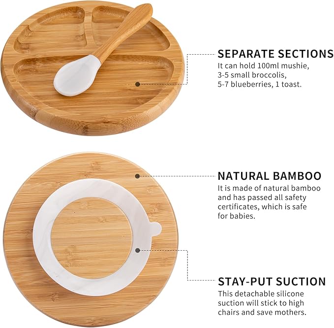 Baby Divided Bamboo Plates, Bowls with Suction and Matching Spoon Set, 3 Piece Feeding Supplies Set for Infant, Toddlers, Detachable Silicone Suction Stay Put Base for Wooden Bowl, Plate