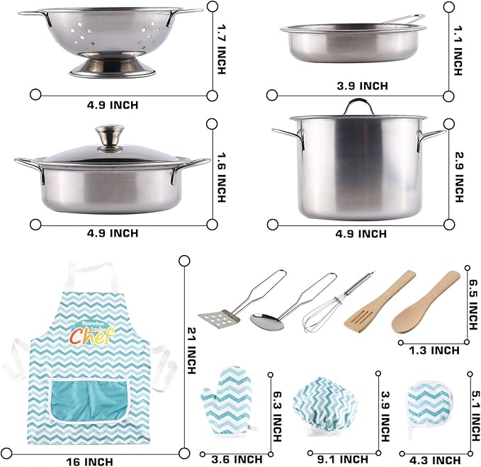 35 Pcs Kitchen Pretend Play Accessories Toys,Cooking Set with Stainless Steel Cookware Pots and Pans Set,Cooking Utensils,Apron,Chef Hat,and Cutting Play Food for Kids,Educational Learning Tool