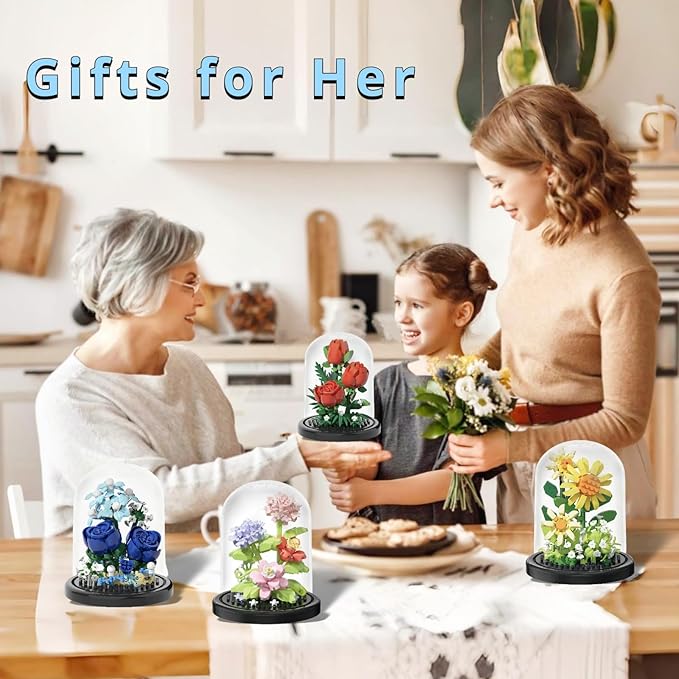 4 Assembly Bonsai Tree Flowers Micro Bricks Building Set with Dust Cover,Artificial Flowers Botanical Collection for Home Decor, Creative Gifts for Adults Women Boys Girls,1136 Pieces