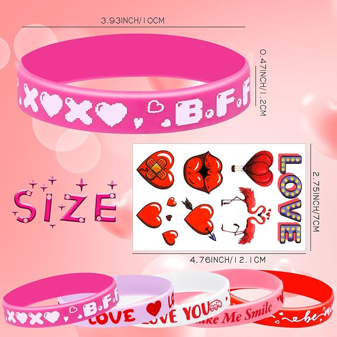 40Pcs Valentine's Day Bracelets with Temporary Tattoos Party Favors Kids for Women Men Girls Boys