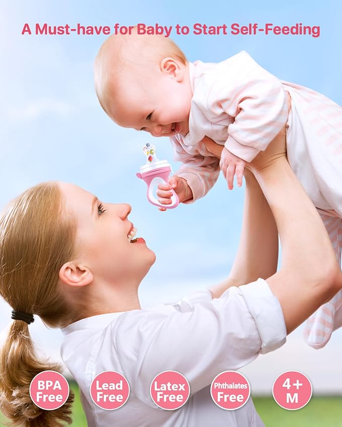 Food Feeder Baby Fresh Fruit Feeder (2 Pack) with 3 Different Sized Silicone Pacifiers, Mash and Serve Bowl with 4 Soft-Tip Silicone Baby Spoons, Perfect Baby First Stage Feeding Set by MICHEF