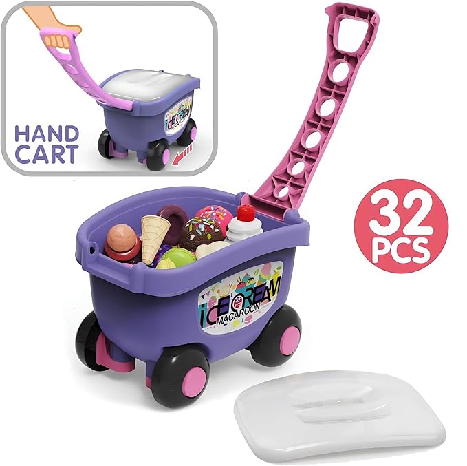 32 PCS Ice Cream Cart Toys for Toddlers, Kids Pretend Play Food Scoop & Serve Macaroon Dessert Set, Kitchen Accessories Icecream Shop Wagon