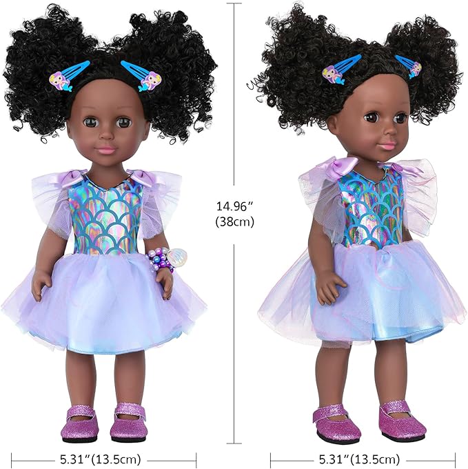 14.5 Inch Black Dolls Realistic Baby Doll Clothes and Accessories,Silicone African Baby Doll with Doll Princess Deep Sea Theme Dress Best Gift for Girls Kids