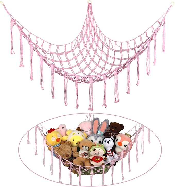 Boho Stuffed Animals Net or Hammock Large,55 inch Toy Hammock Macrame Stuff Animal Storage Corner Hanging Net Holder,Mesh Hammock Plush Toy Organizer with Hooks for Bedroom,Nursery (Light Pink)