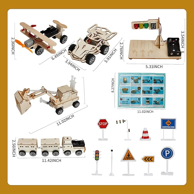 STEM Toys Wooden Building Kit for Kids Ages 8-12,Car Model Wood Craft Set for Kids,DIY Science Building Projects for 6-8 with Traffic Map and Traffic Signs-Educational Science Craft Model Kit