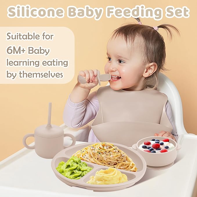 Silicone Baby Feeding Set, Baby Led Weaning Supplies, Eating Essentials Utensils with Suction Plate and Bowl, Pocket Bib, Sippy Cup with Lid, Forks Spoons Snack Container, for 6+ Months, Beige