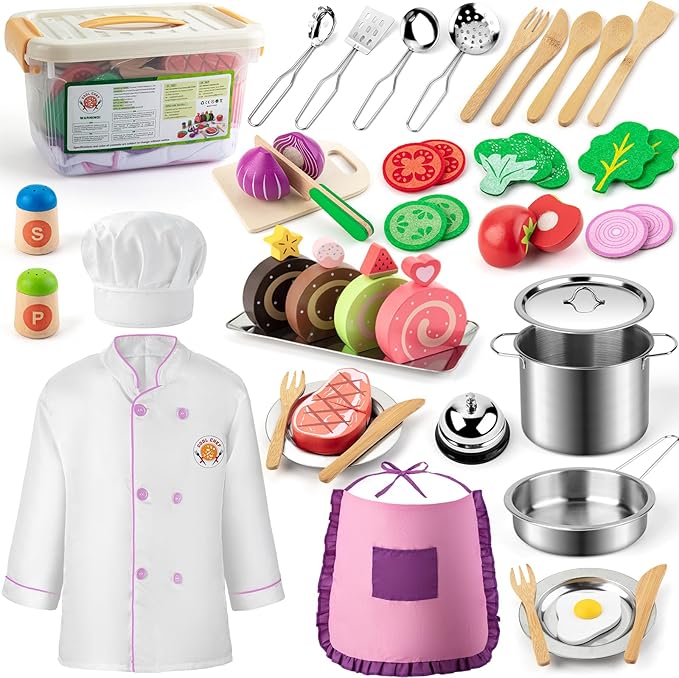 44PCS Play Kitchen Accessories, Wooden Play Food, Kids Kitchen Pretend Play Toys with Stainless Steel Play Pots & Pans Sets, Apron & Chef Clothes, Kitchen Toys for Toddlers Preschoolers Kids